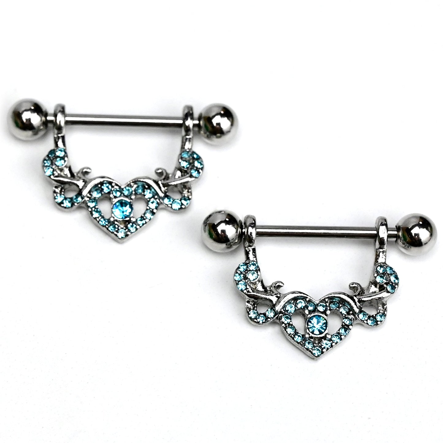 14G 9/16 Blue Gem Seeing Heart Dangle Nipple Ring Set