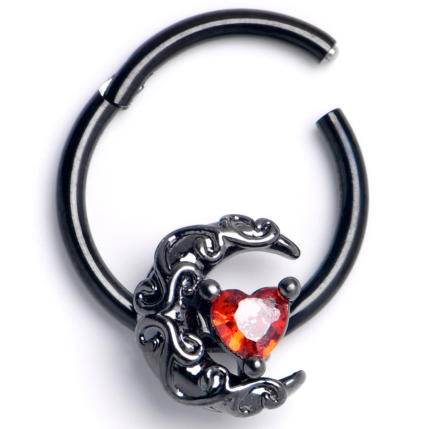 16G 3/8 Red CZ Gem Black Scrolling Moon Heart Hinged Segment Ring