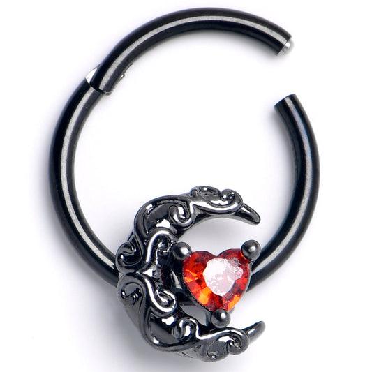 16G 3/8 Red CZ Gem Black Scrolling Moon Heart Hinged Segment Ring