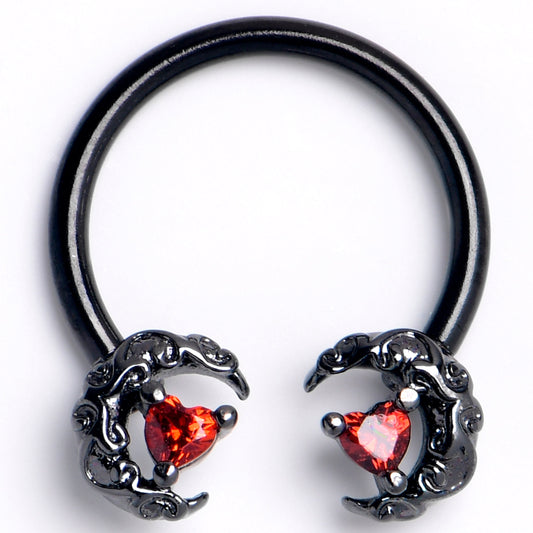 16G 3/8 Red CZ Gem Black Scrolling Moon Heart Horseshoe Barbell