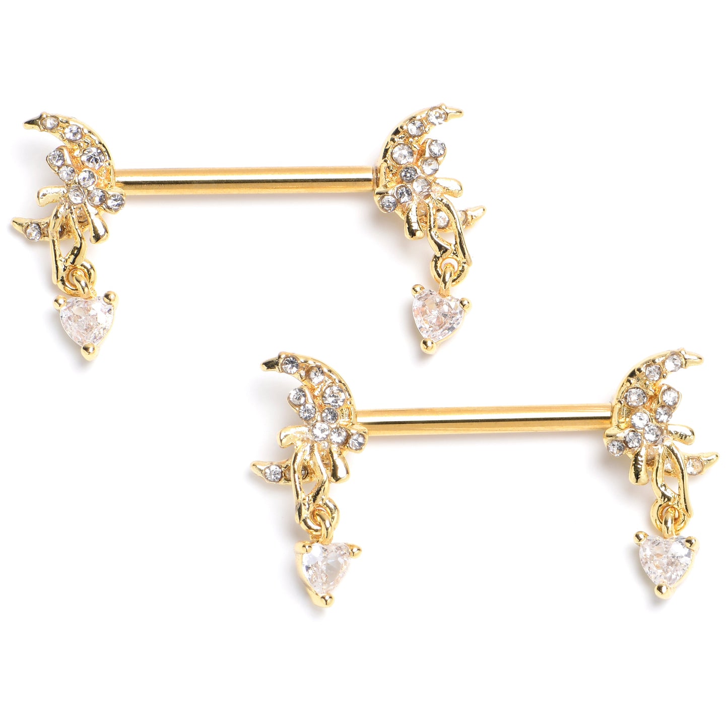 14G 9/16 Clear CZ Gem Gold Tone Moon Bow Heart Dangle Nipple Ring Set