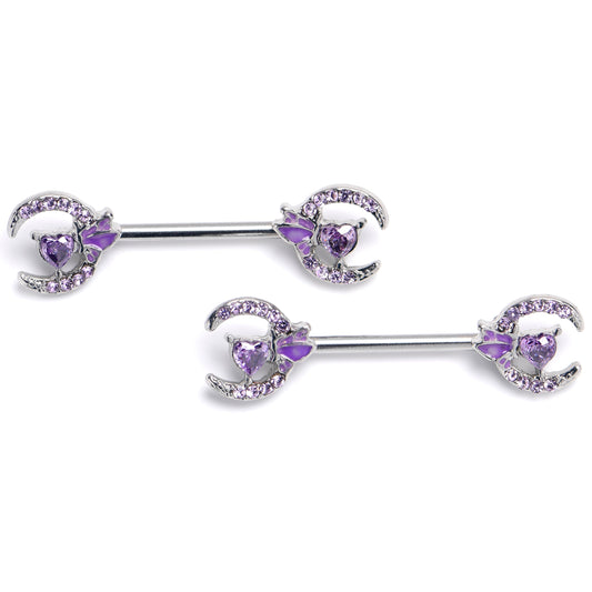 14G 9/16 Purple Gem Butterfly Heart Moon Barbell Nipple Ring Set