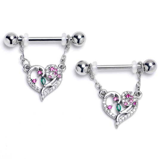 14G 9/16 Emerald Passion CZ Gem Heart Dangle Nipple Ring Set