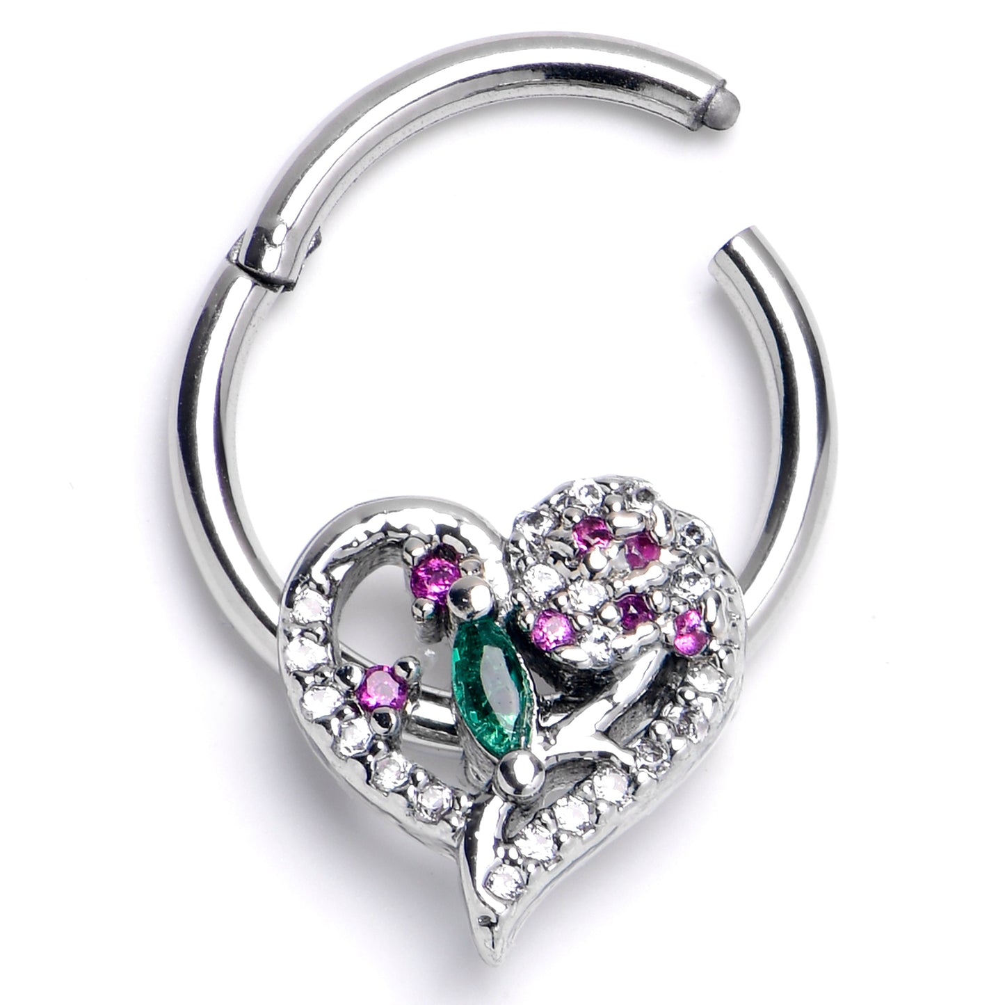 16G 3/8 Emerald Passion CZ Gem Heart Hinged Segment Ring