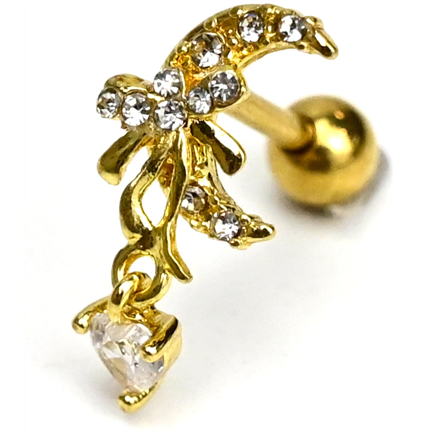 16G 1/4 Clear Gem Gold Hue Moon Bow Heart Dangle Cartilage Earring