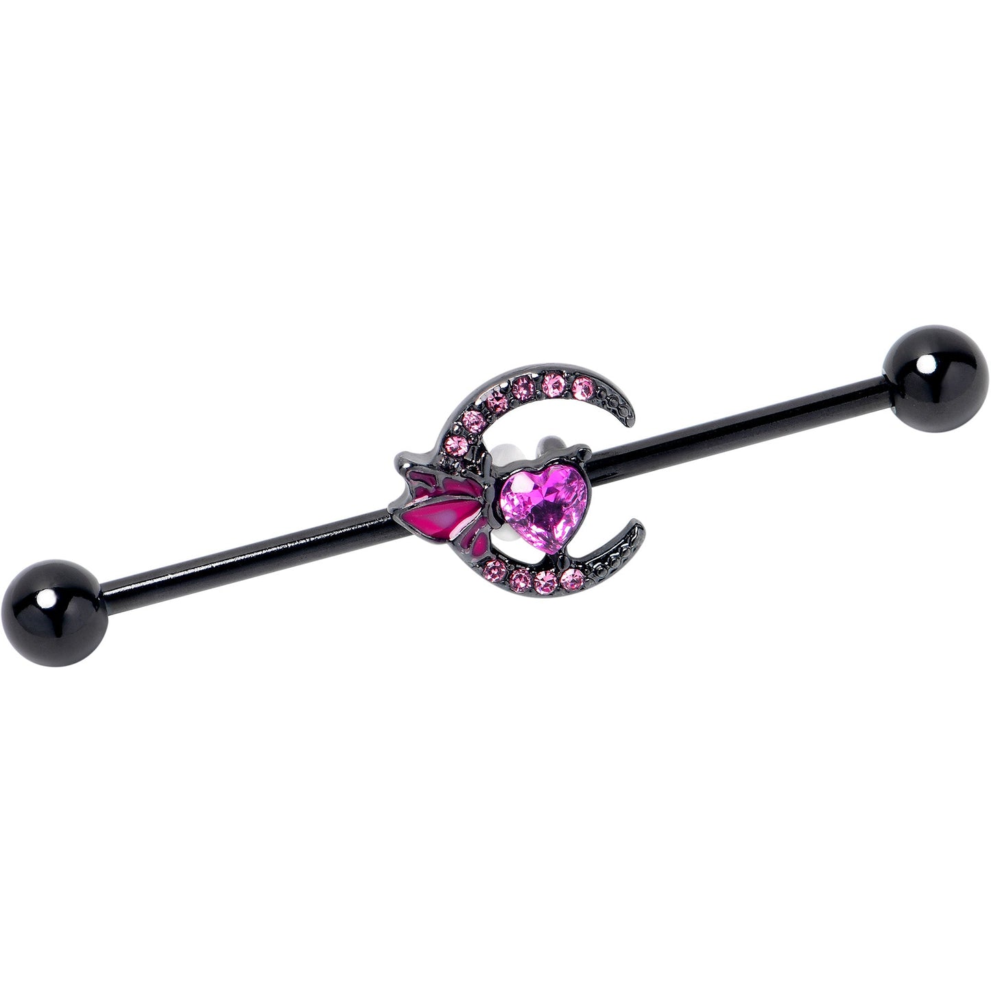 14G Pink Gem Black Moon Heart Butterfly Industrial Barbell 38mm