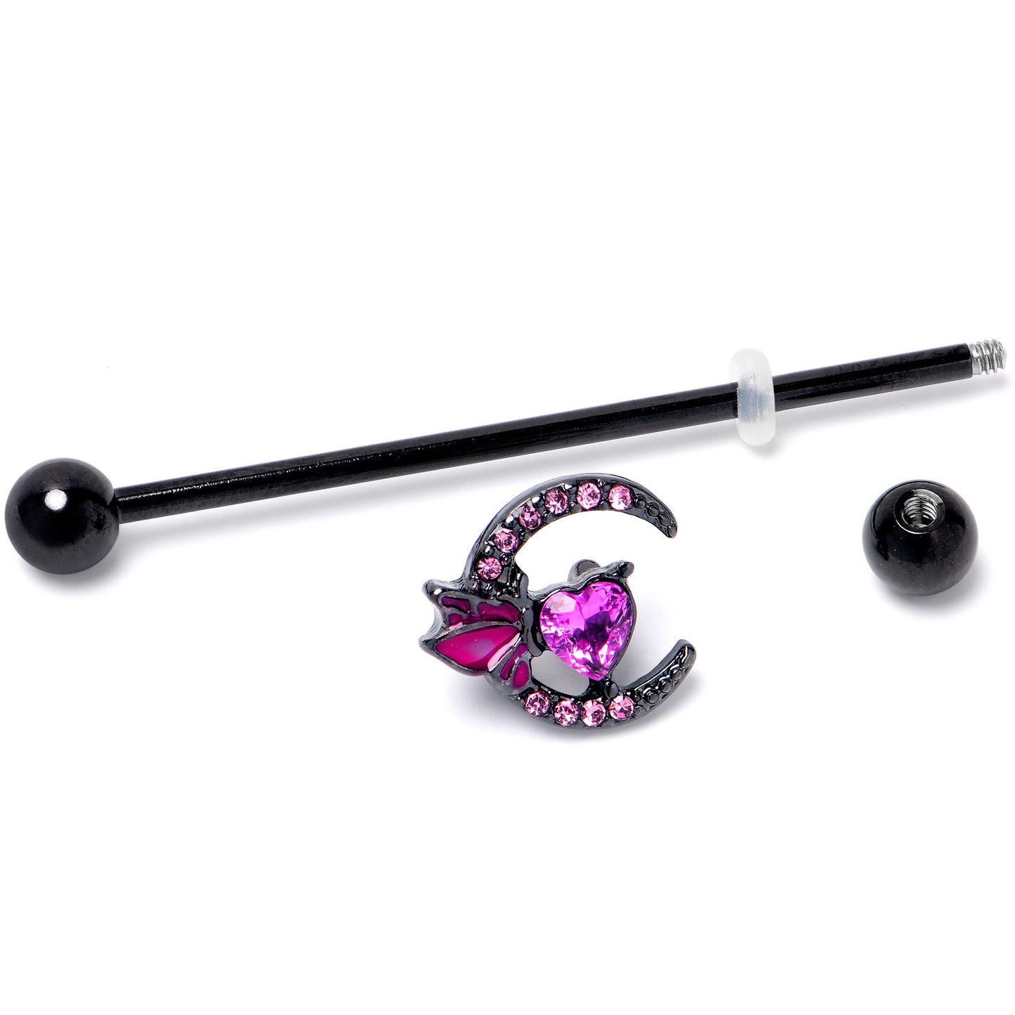 14G Pink Gem Black Moon Heart Butterfly Industrial Barbell 38mm