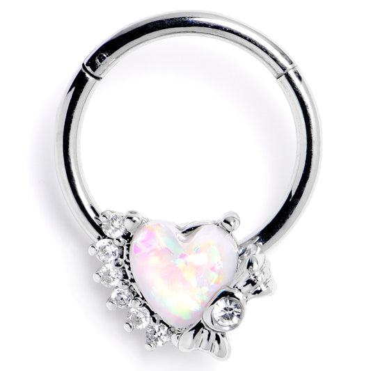 16G 3/8 White Faux Opal Sunny Heart Hinged Segment Ring