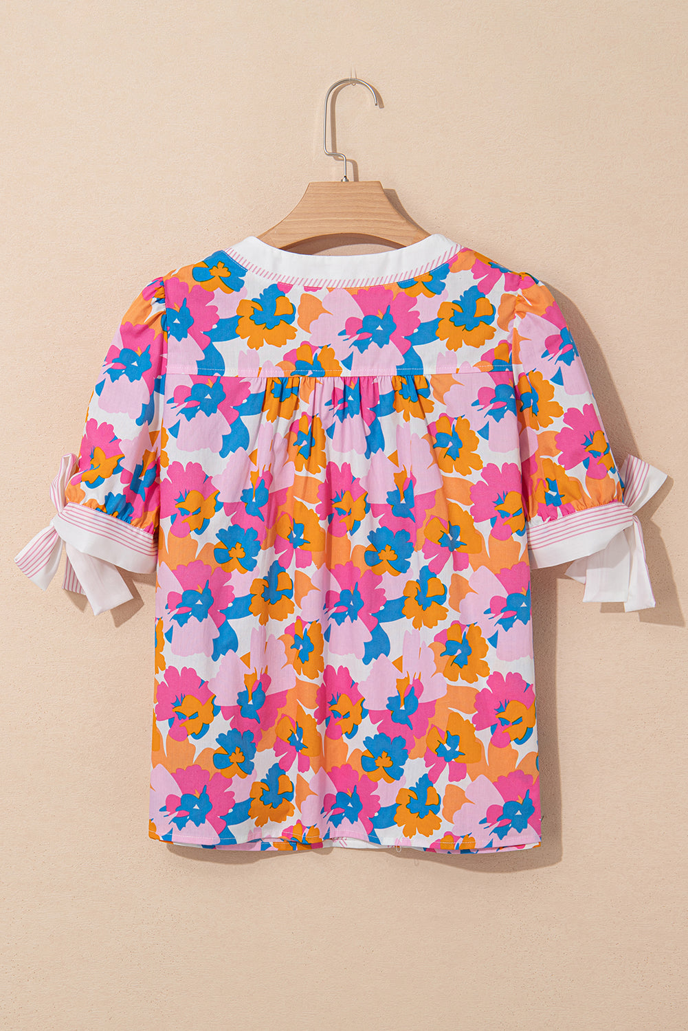 Floral Colorblock Stripe V-Neck Short Sleeve Blouse