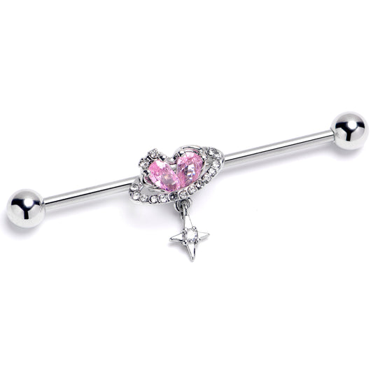 14G Pink Clear CZ Gem Starry Heart Dangle Industrial Barbell 38mm