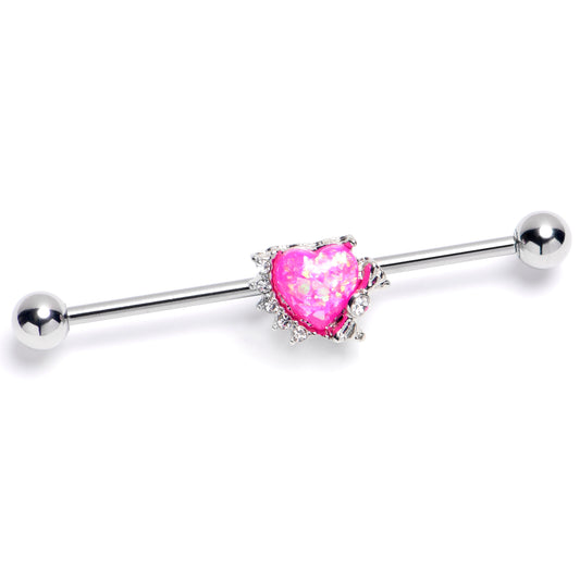 14G Pink Faux Opal Sunny Heart Industrial Barbell 38mm