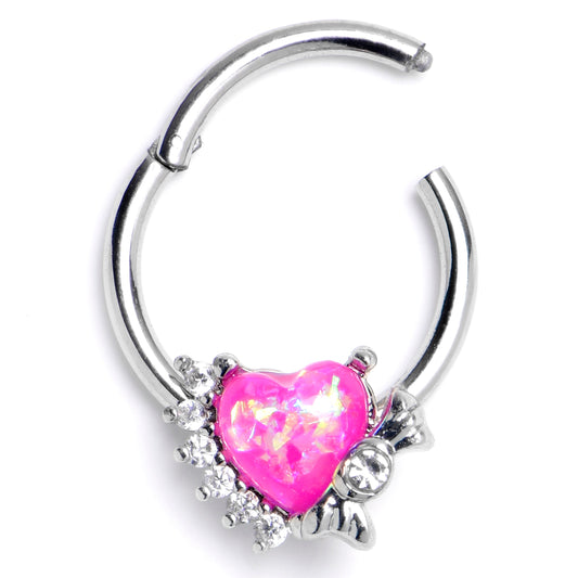 16G 3/8 Pink Faux Opal Sunny Heart Hinged Segment Ring