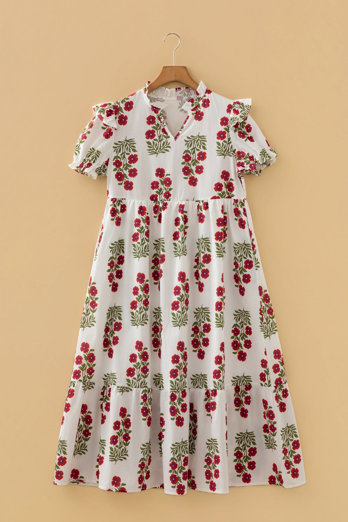 Floral V-Neck 3/4 Sleeve Loose Mini Dress