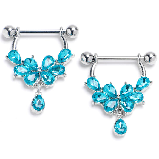 14G 9/16 Blue Gem Baroque Flower Bloom Dangle Nipple Ring Set