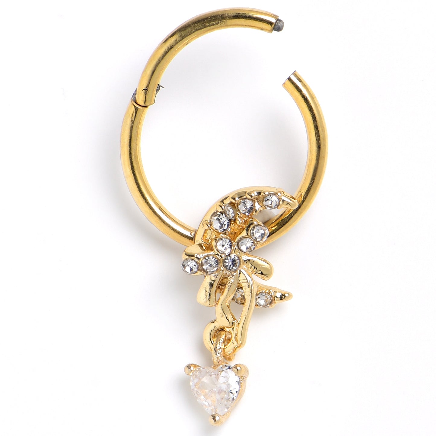 16G 3/8 Clear CZ Gem Gold Tone Moon Bow Heart Hinged Segment Ring