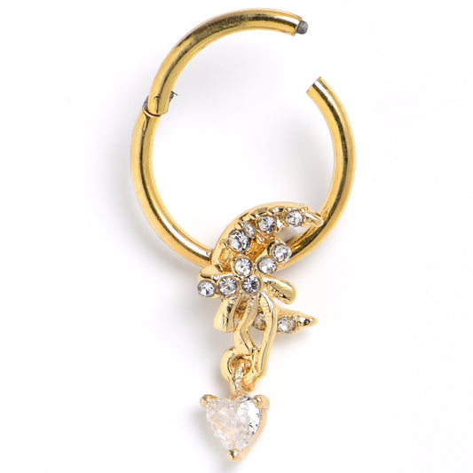 16G 3/8 Clear CZ Gem Gold Tone Moon Bow Heart Hinged Segment Ring