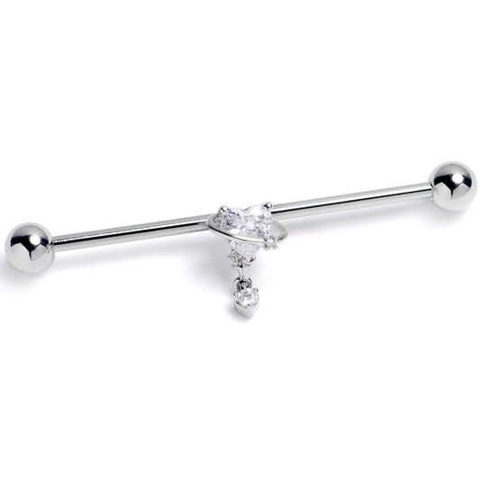 14G Clear CZ Gem Saturn Heart Dangle Industrial Barbell 38mm