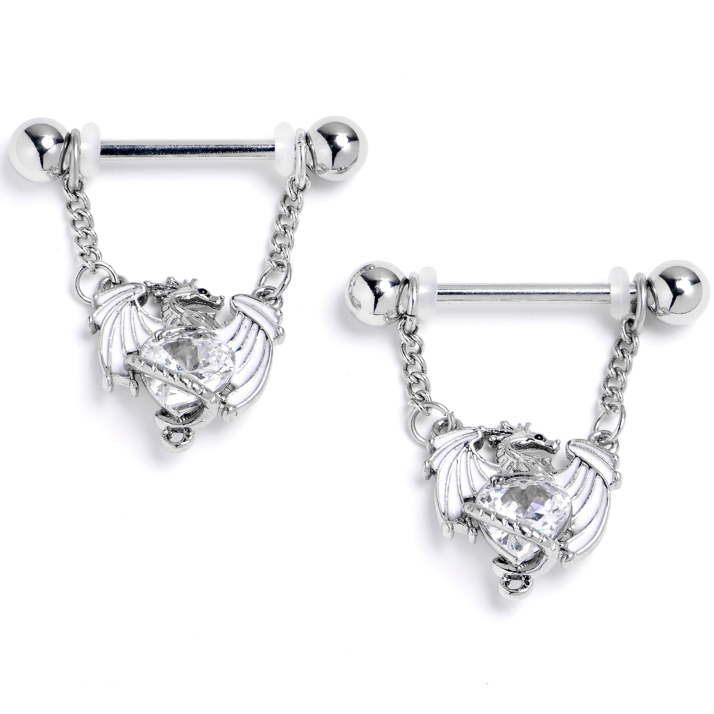 14G 9/16 Clear CZ Gem Heart of Dragon Dangle Nipple Ring Set