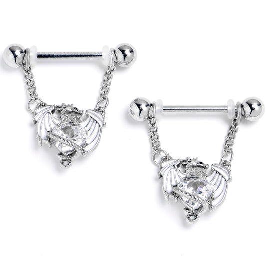 14G 9/16 Clear CZ Gem Heart of Dragon Dangle Nipple Ring Set