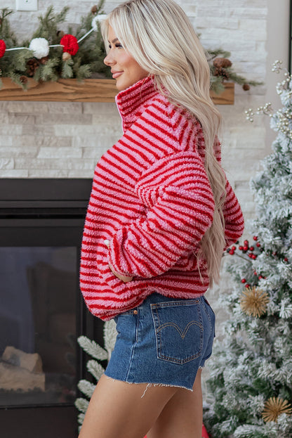 Stripe Fleece Quarter Zip Oversize Sweatshirt
