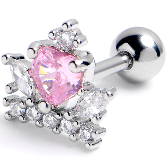 16G 1/4 Clear Pink Gem Heart Crown Cartilage Tragus Earring