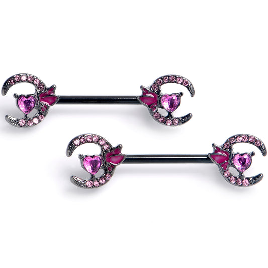 14G 9/16 Pink Gem Black Butterfly Heart Moon Barbell Nipple Ring Set
