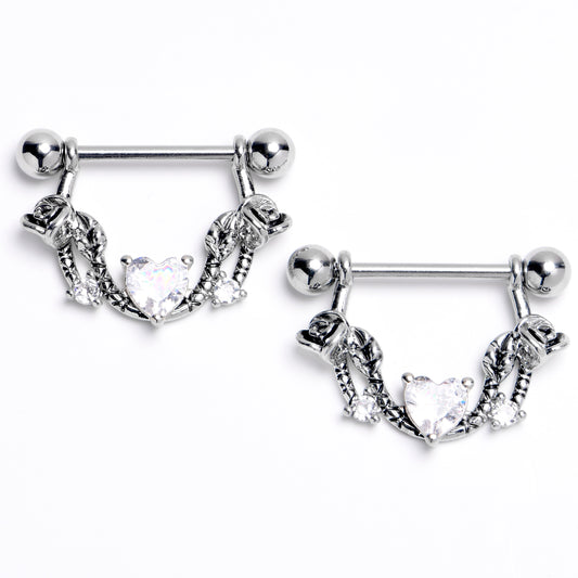 14G 9/16 Clear CZ Gem Serpentine Hearts Dangle Nipple Ring Set