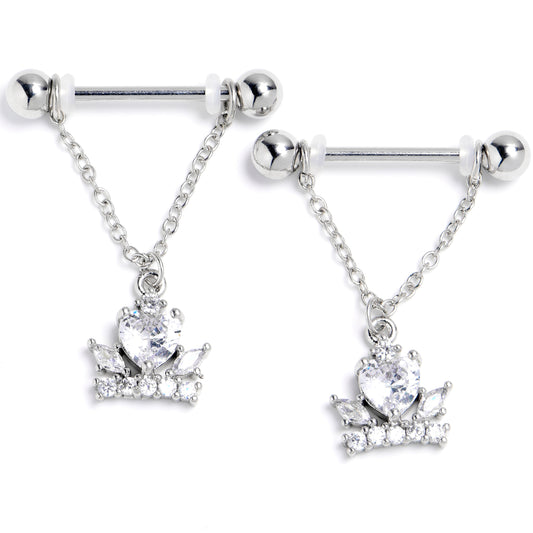 14G 9/16 Clear CZ Gem Crown Heart Dangle Nipple Ring Set