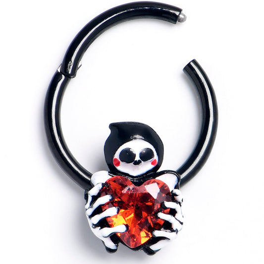 16G 3/8 Red Gem Black Skeleton Heart Hinged Segment Ring