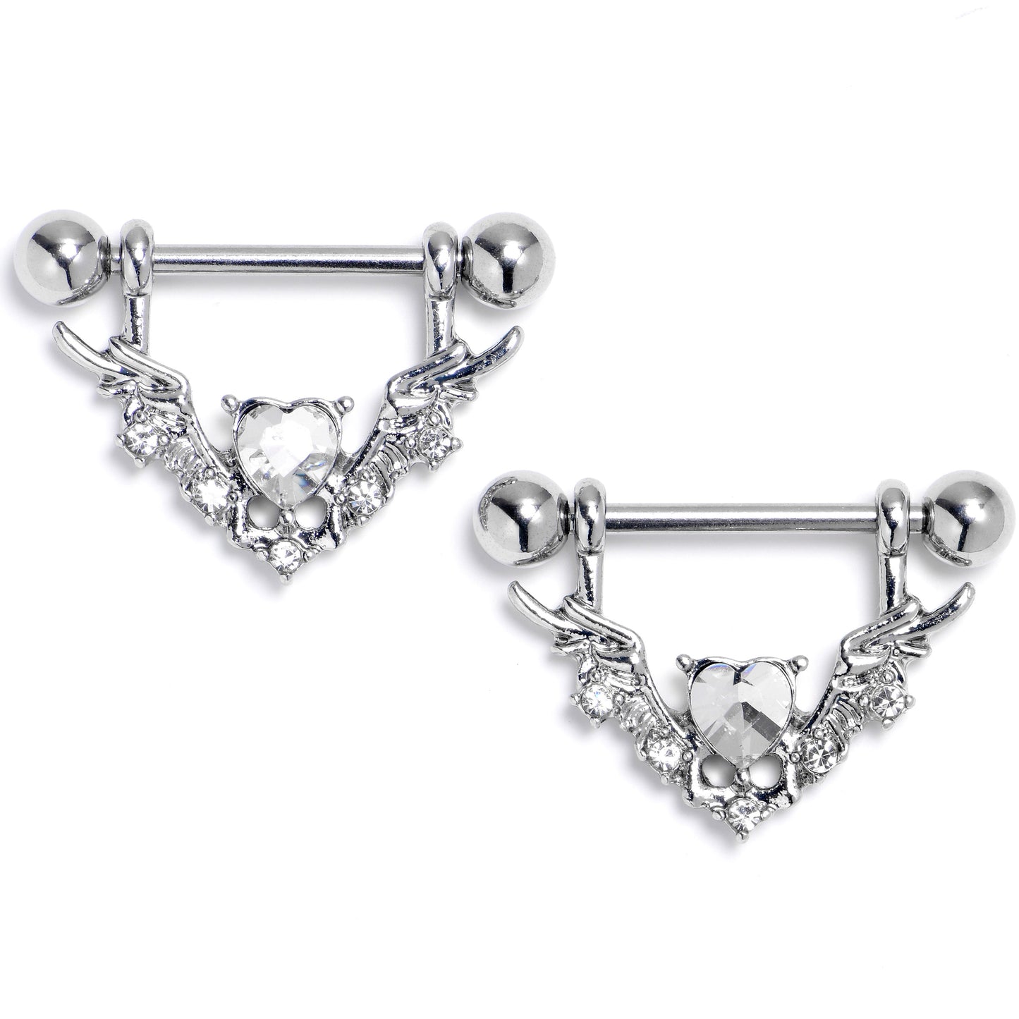 14G 9/16 Clear Gem Winged Hearts Angel Dangle Nipple Ring Set