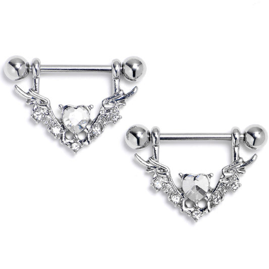 14G 9/16 Clear Gem Winged Hearts Angel Dangle Nipple Ring Set