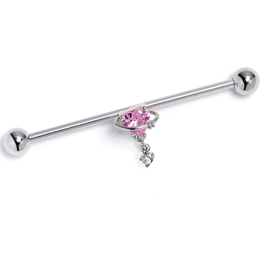 14G Pink Clear CZ Gem Saturn Heart Dangle Industrial Barbell 38mm