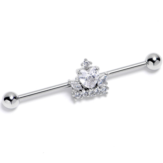 14G Clear CZ Gem Crown Heart Industrial Barbell 38mm