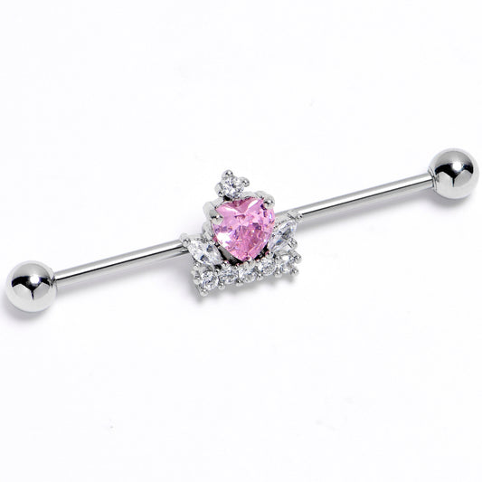 14G Pink Clear CZ Gem Heart Crown Industrial Barbell 38mm
