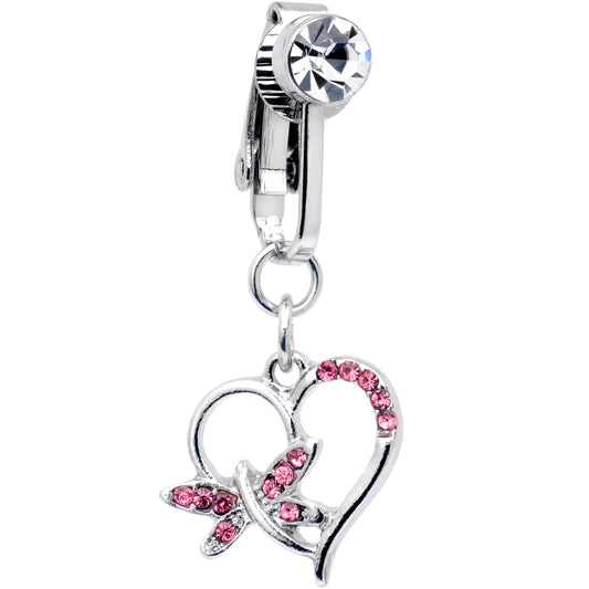 Pink CZ Gem Heart Dragonfly Love Dangle Clip on Fake Belly Ring