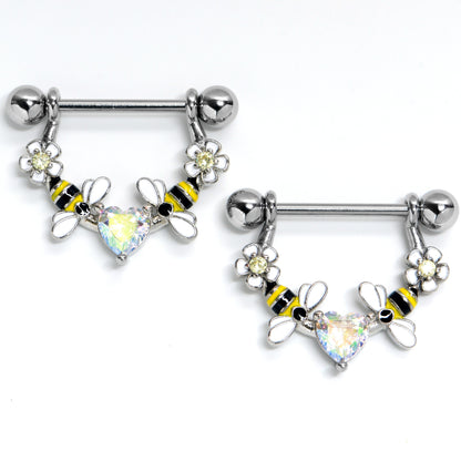 14G 9/16 Aurora Gem Heart Bees Flowers Dangle Nipple Ring Set