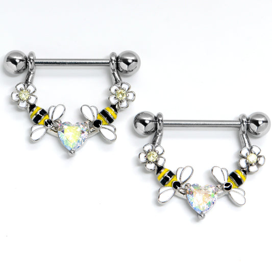 14G 9/16 Aurora Gem Heart Bees Flowers Dangle Nipple Ring Set