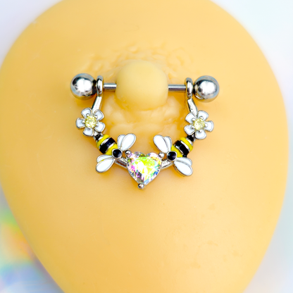 14G 9/16 Aurora Gem Heart Bees Flowers Dangle Nipple Ring Set