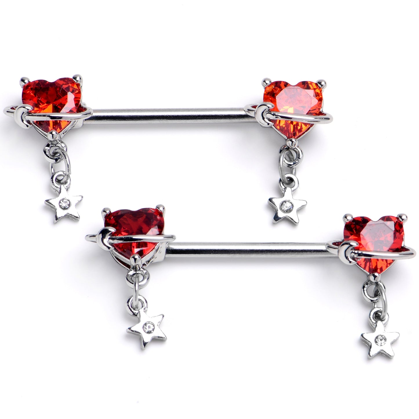 14G 9/16 Red CZ Heart Starry Saturn Dangle Nipple Ring Set
