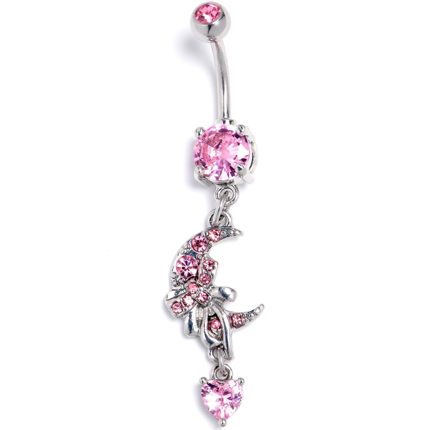 Pink CZ Gem Moon Bow Heart Dangle Belly Ring