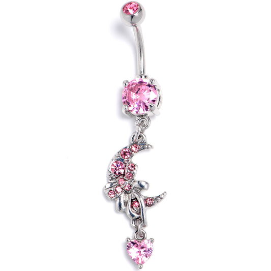 Pink CZ Gem Moon Bow Heart Dangle Belly Ring