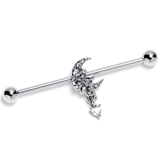 14G Clear CZ Gem Moon Bow Heart Dangle Industrial Barbell 38mm