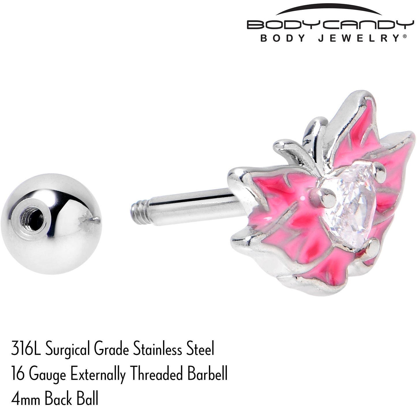 16G 1/4 Clear Gem Heart Pink Butterfly Cartilage Tragus Earring