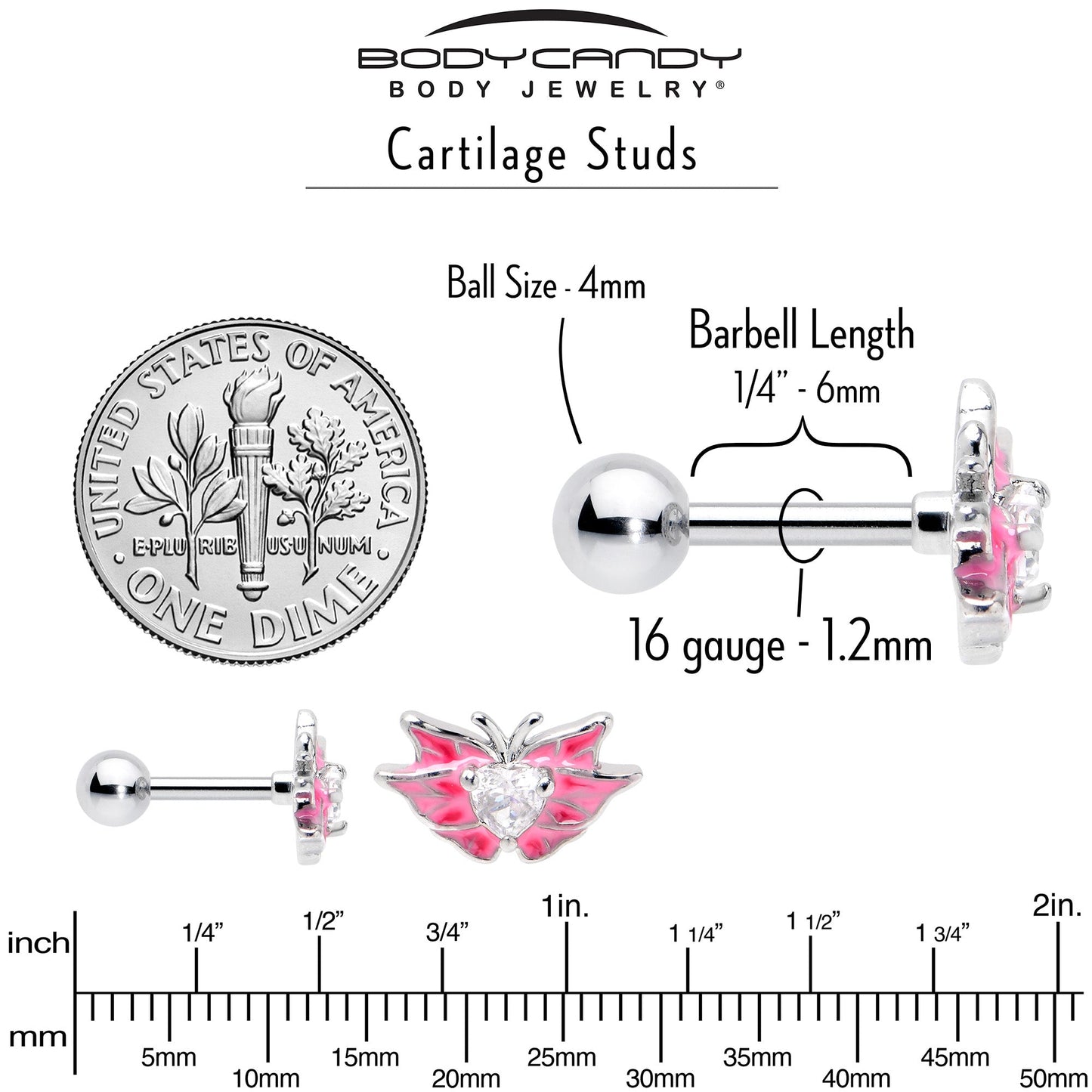 16G 1/4 Clear Gem Heart Pink Butterfly Cartilage Tragus Earring