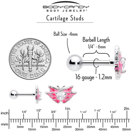 16G 1/4 Clear Gem Heart Pink Butterfly Cartilage Tragus Earring