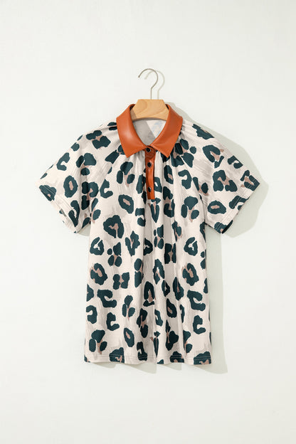 Leopard Button Contrast Collar Short Sleeve Blouse