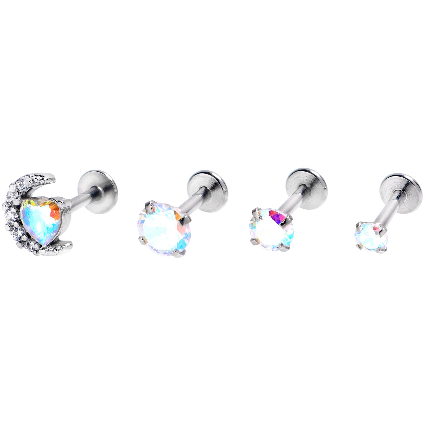 16G 1/4 Aurora Gem Moon Heart Labret Set of 4