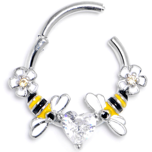 16G 3/8 Clear CZ Gem Bee Heart Flower Love Hinged Segment Ring