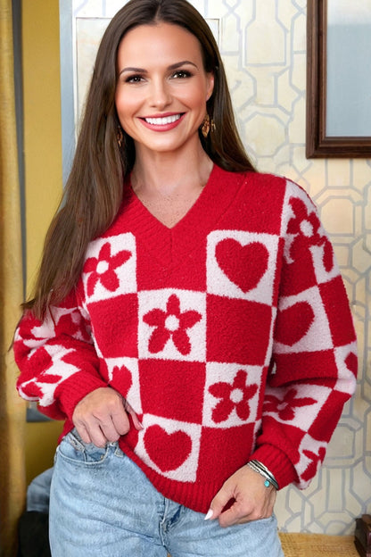Valentine Heart V-Neck Long Sleeve Sweater