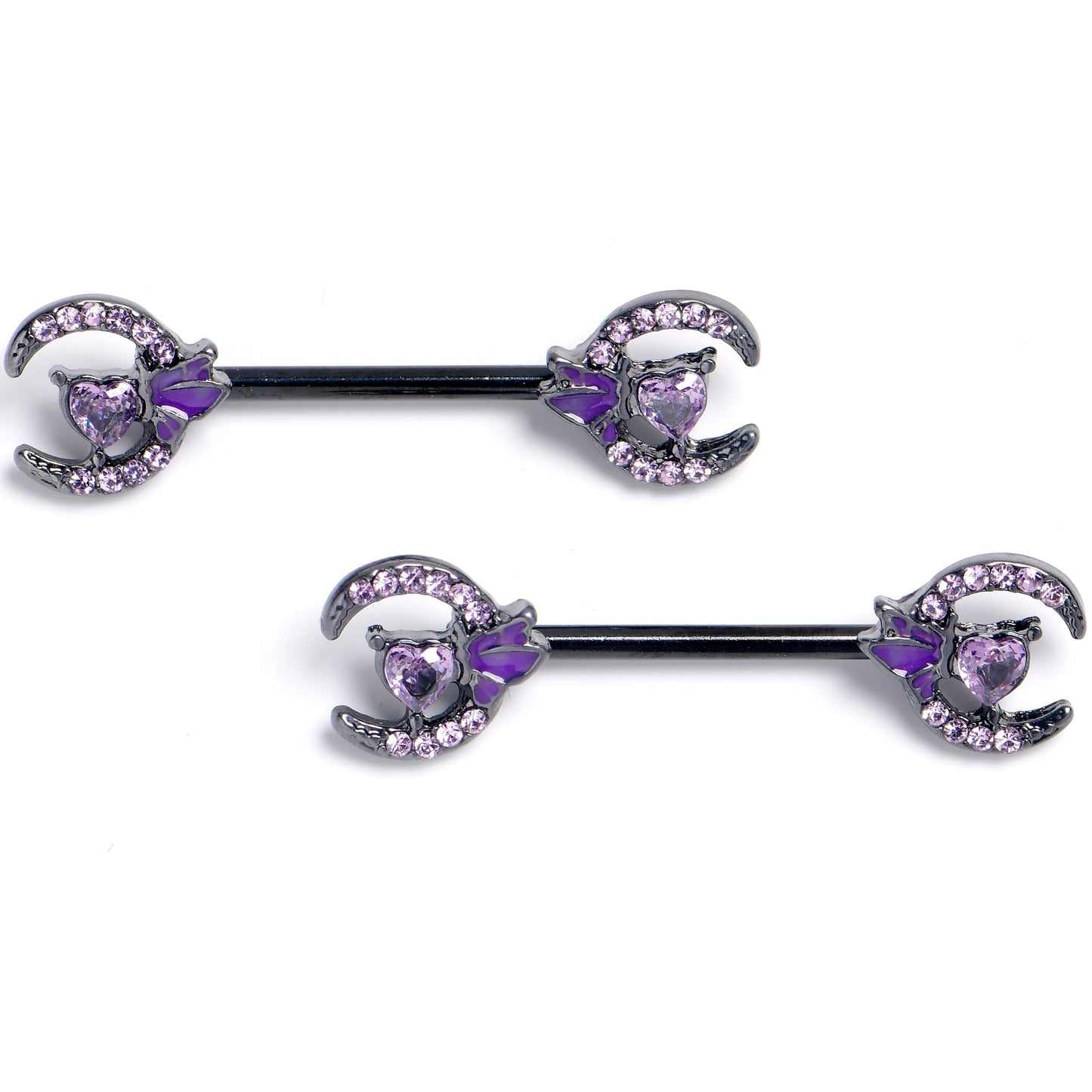 14G 9/16 Purple Gem Black Butterfly Heart Moon Nipple Ring Set